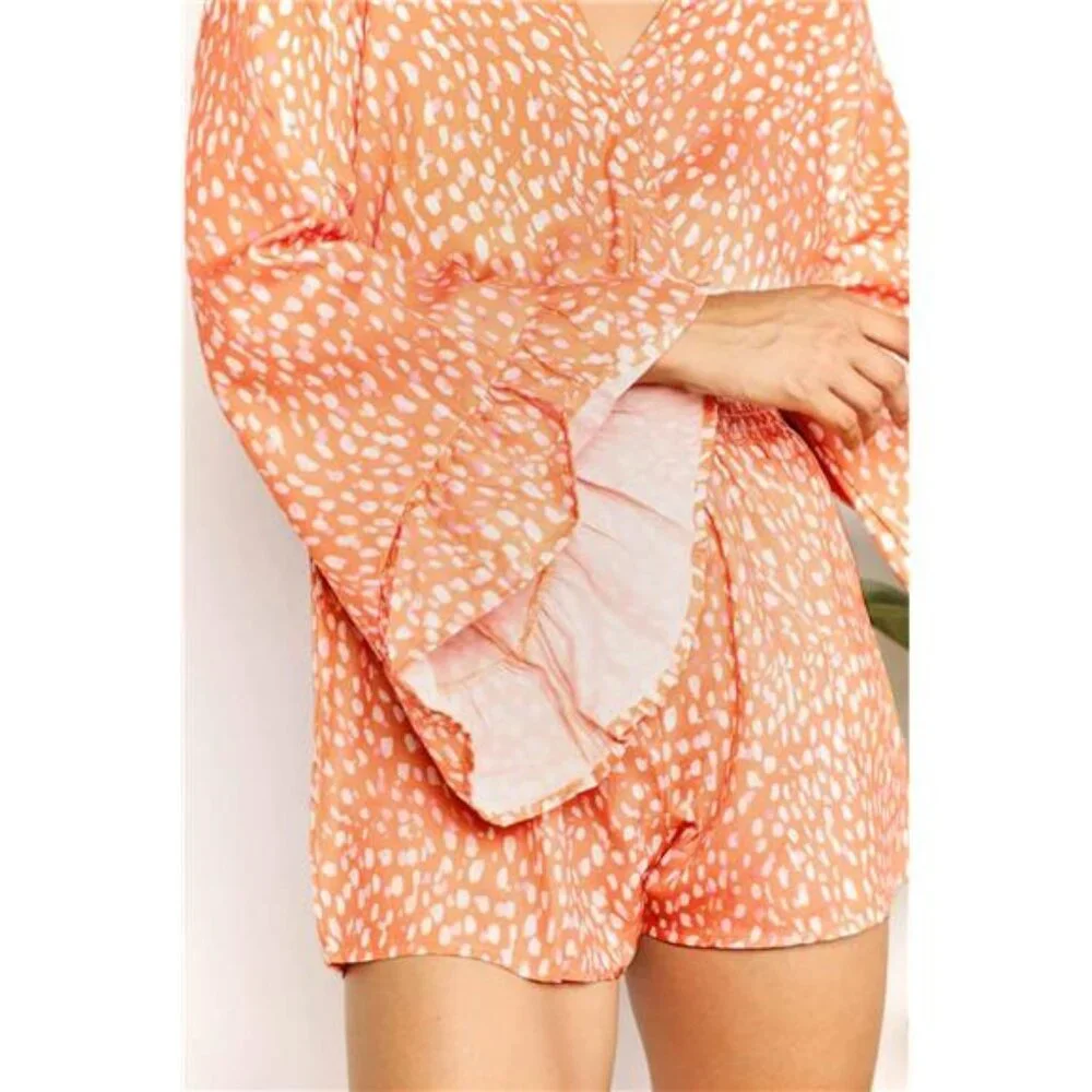 NWT Double Take Printed Flare Sleeve Surplice Romper in Tangerine, Flirty, Fun - Picture 5 of 5